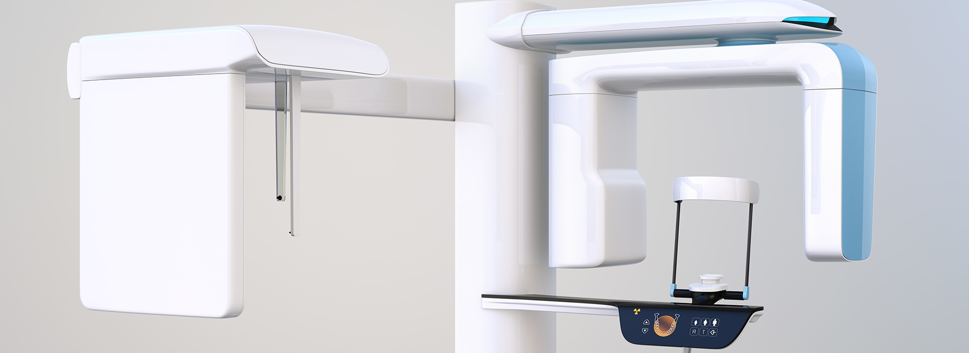 A digital rendering of a modern dental office setup, featuring a high-tech chair and a large, sleek panoramic X-ray machine.